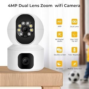 Caméra de surveillance PTZ à double objectif Wi-Fi pour usage domestique intérieur