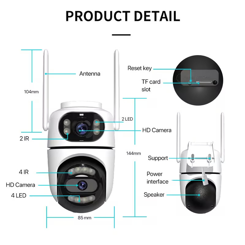 caméra de sécurité intelligente à double avec wi-fi, humain par ia, ptz pan-tilt-zoom, vision , audio bidirectionnel, hd, intérieur/extérieur, alimentation usb ( prise), compatible avec lapplication icsee, stockage sd/cloud (pour maison & extérieur) Détails du produit 9