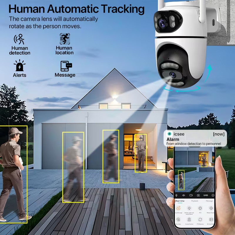 caméra de sécurité intelligente à double avec wi-fi, humain par ia, ptz pan-tilt-zoom, vision , audio bidirectionnel, hd, intérieur/extérieur, alimentation usb ( prise), compatible avec lapplication icsee, stockage sd/cloud (pour maison & extérieur) Détails du produit 2