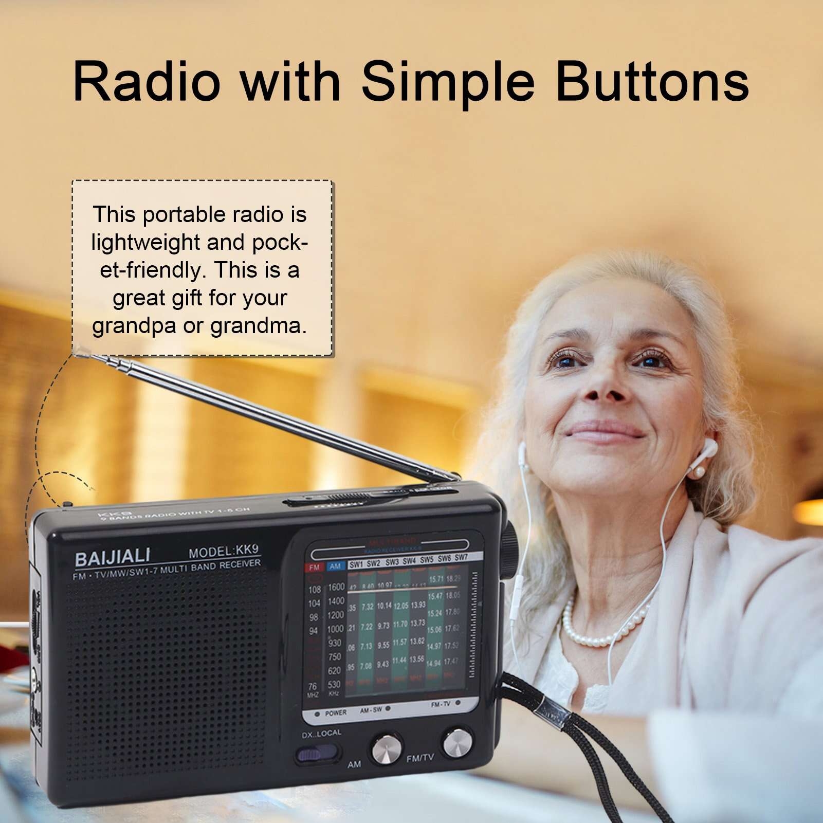Meijuhug Portable Radio AM FM Full Multiband HiFi Sound Low Distortion Button Operation with Antenna Pocket Sized Radio