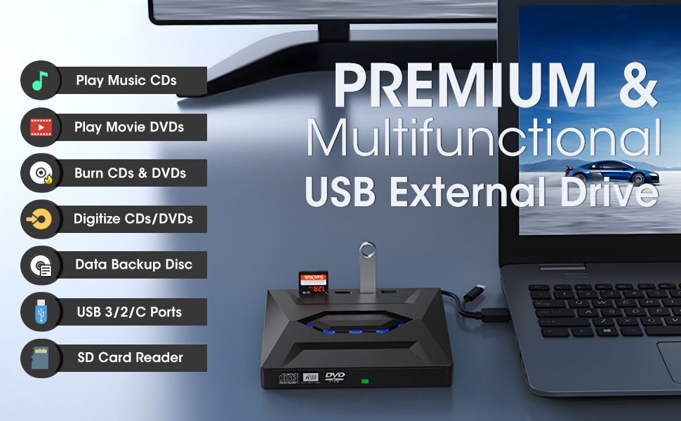 Unidad de CD DVD externa premium y multifunción con ranura para tarjeta sd hub usb