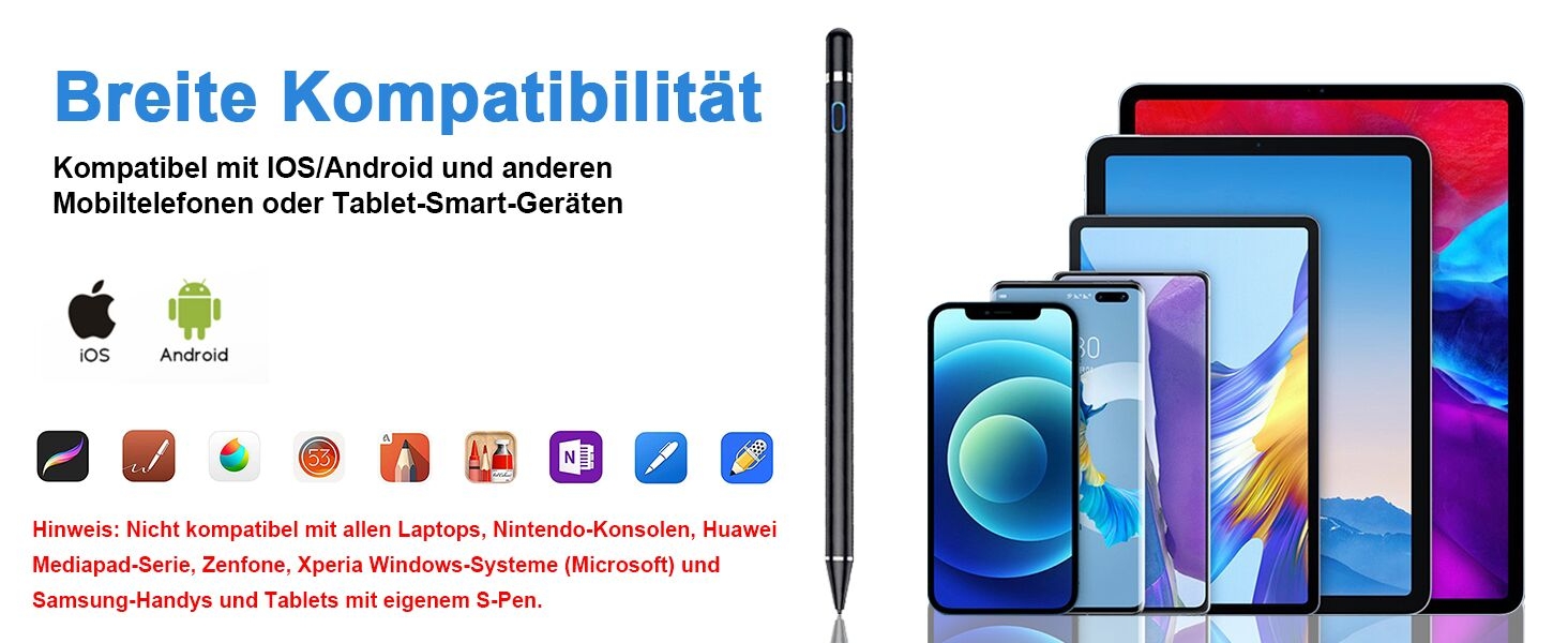 Die Kompatibilitätstabelle zeigt die Kompatibilität von Eingabestiften mit verschiedenen Geräten, einschließlich Tablets und Smartphones. Die Symbole stehen für verschiedene Betriebssysteme und Gerätemarken