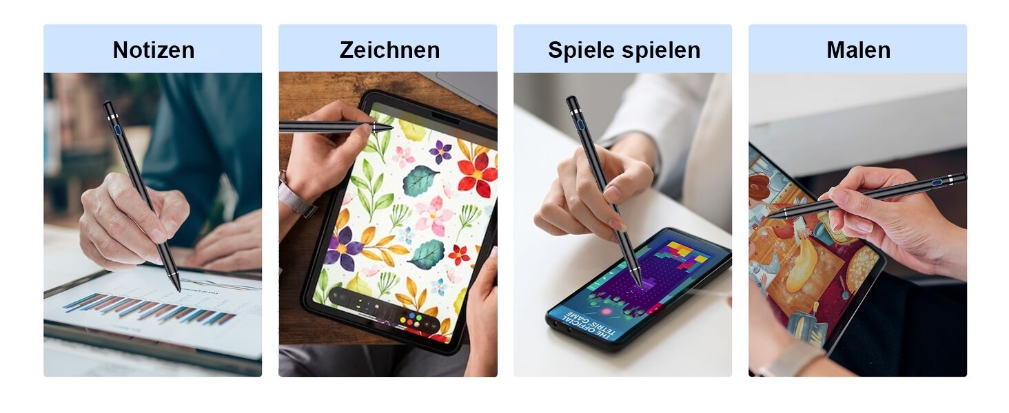 Bild mit vier Tafeln, auf denen Hände bei verschiedenen Aktivitäten zu sehen sind: Schreiben, Zeichnen bunter Muster, Spielen eines Handyspiels und Malen auf Leinwand.