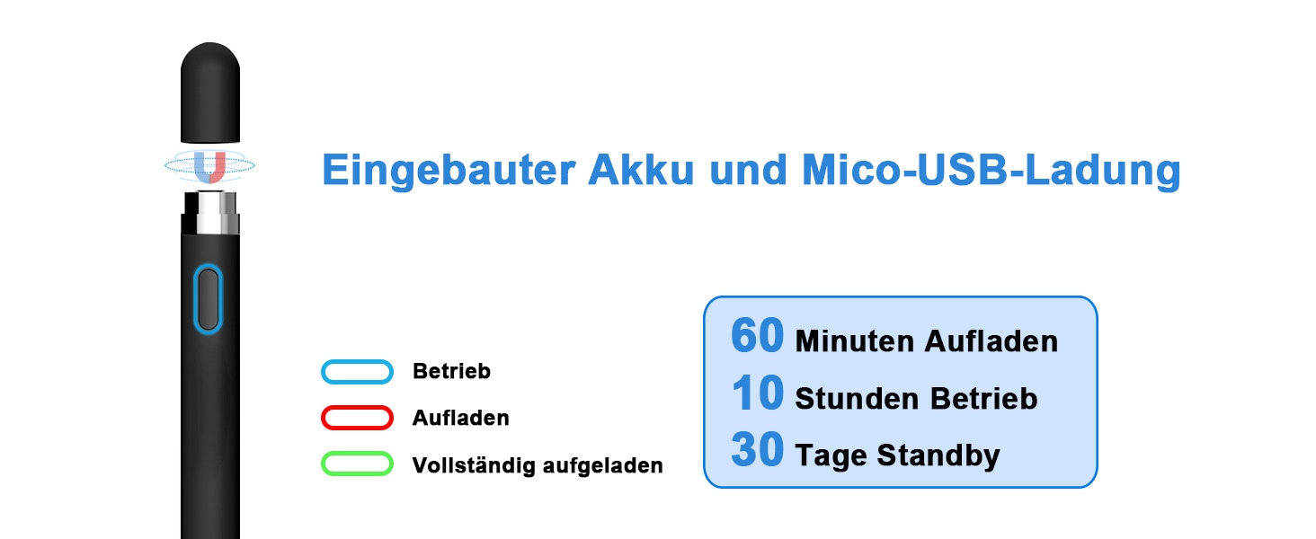 Zylindrisches Gerät mit Text, der auf den eingebauten Akku und das Laden über Micro-USB hinweist. Bietet eine Ladezeit von 60 Minuten, einen Betrieb von 10 Stunden und einen Standby-Modus von 30 Tagen