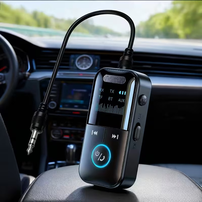 5 4 wireless audio adapter with screen display a car wireless adapter integrating a wireless receiver and transmitter it upgrades the aux sound effect and supports tf cards and is suitable for multiple device such as computers tvs and cars Product details 1
