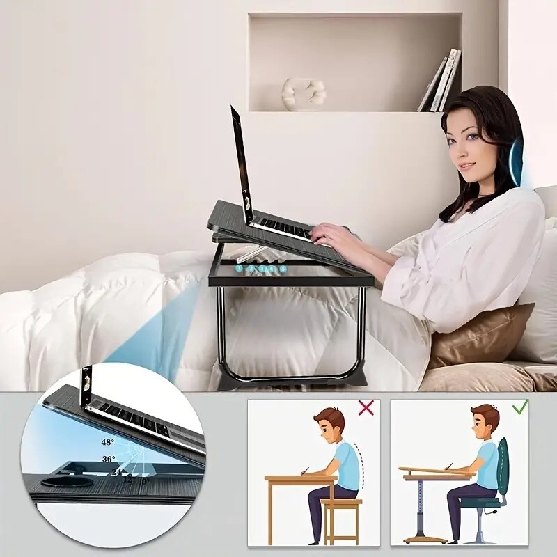 compact foldable laptop desk with cup holder portable wooden bed table for reading writing and stable and multi functional tray holder for sofa or floor use details 3
