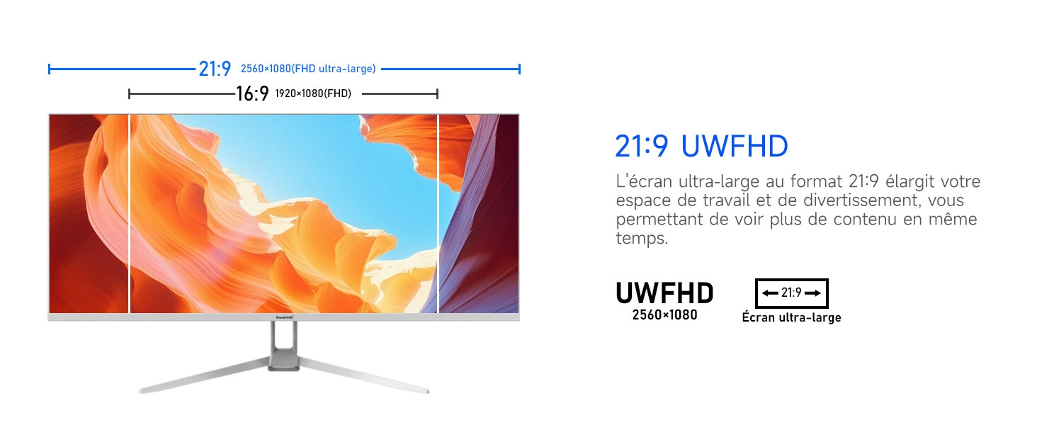 Le texte indique « 21:9 UWFHD ». Écran incurvé blanc montrant le paysage du canyon. Les spécifications techniques et les mesures sont indiquées par des marqueurs dimensionnels.