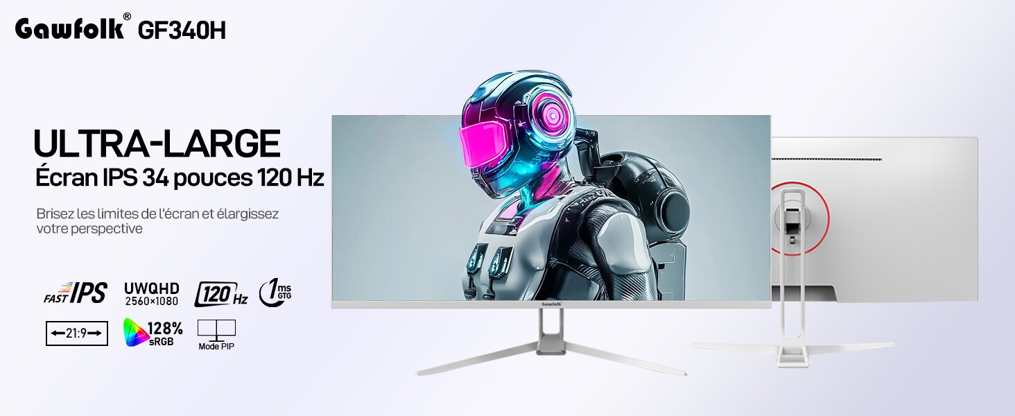 Le texte indique « ULTRA-LARGE » et « GameFolk GF34GH ». Écran de jeu montrant des illustrations de personnages colorées avec des logos de spécifications techniques ci-dessous.