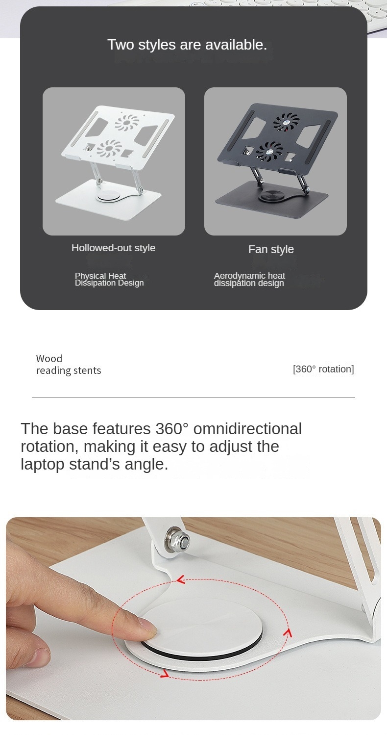 Professionnel 360 ° Support de refroidissement rotatif pour ordinateur portable, support ergonomique de bureau, double ventilateur, dissipation de la chaleur pour ordinateur portable