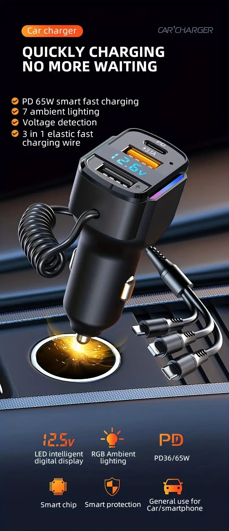 65w 3 port usb pd fast car charger k4 qc3 1 type c 3 in 1 car charger 2 usb charging ports 1 type c fast charging micro usb type c details 0