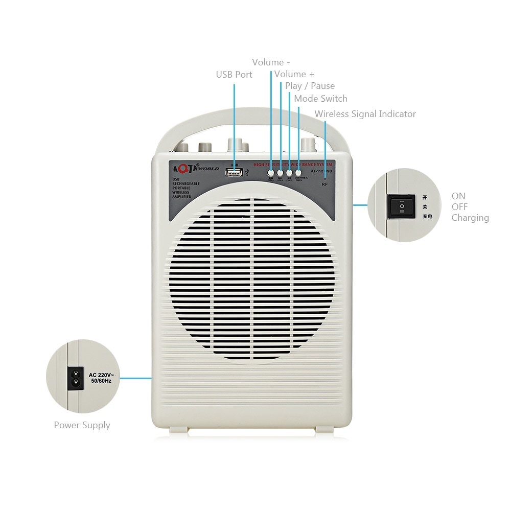 AQTA AT - Microphone à main sans fil avec amplificateur de voix portable 112USB pour fiche professeur, blanc cassé