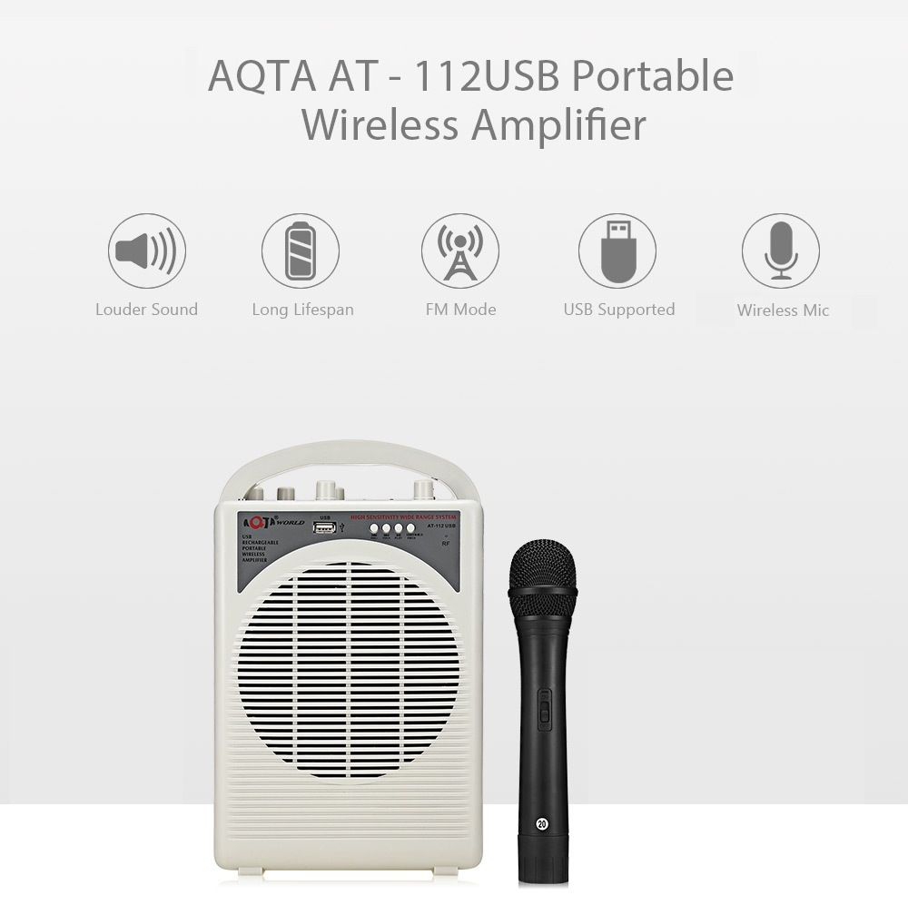 AQTA AT - Microphone à main sans fil avec amplificateur de voix portable 112USB pour fiche professeur, blanc cassé