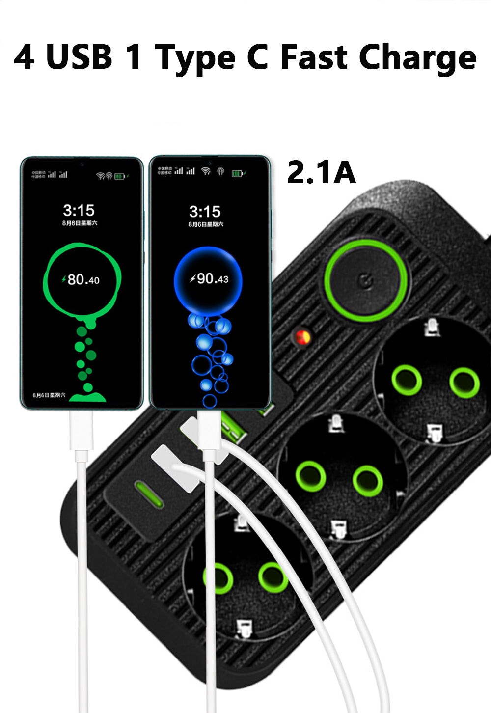 EU Plug Power Strip Electrical Power Socket With 3 AC Outlets 4 USB 1 Type-C 2M Extension Power Cord Desk Fast Charging Station