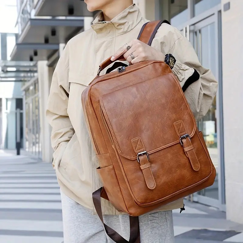 mens stylish large capacity laptop backpack for 15 6 inch notebooks black pu synthetic   leather magnetic closure soft shell tsa   laptop storage sleek backpack laptop compatibl Product details 5