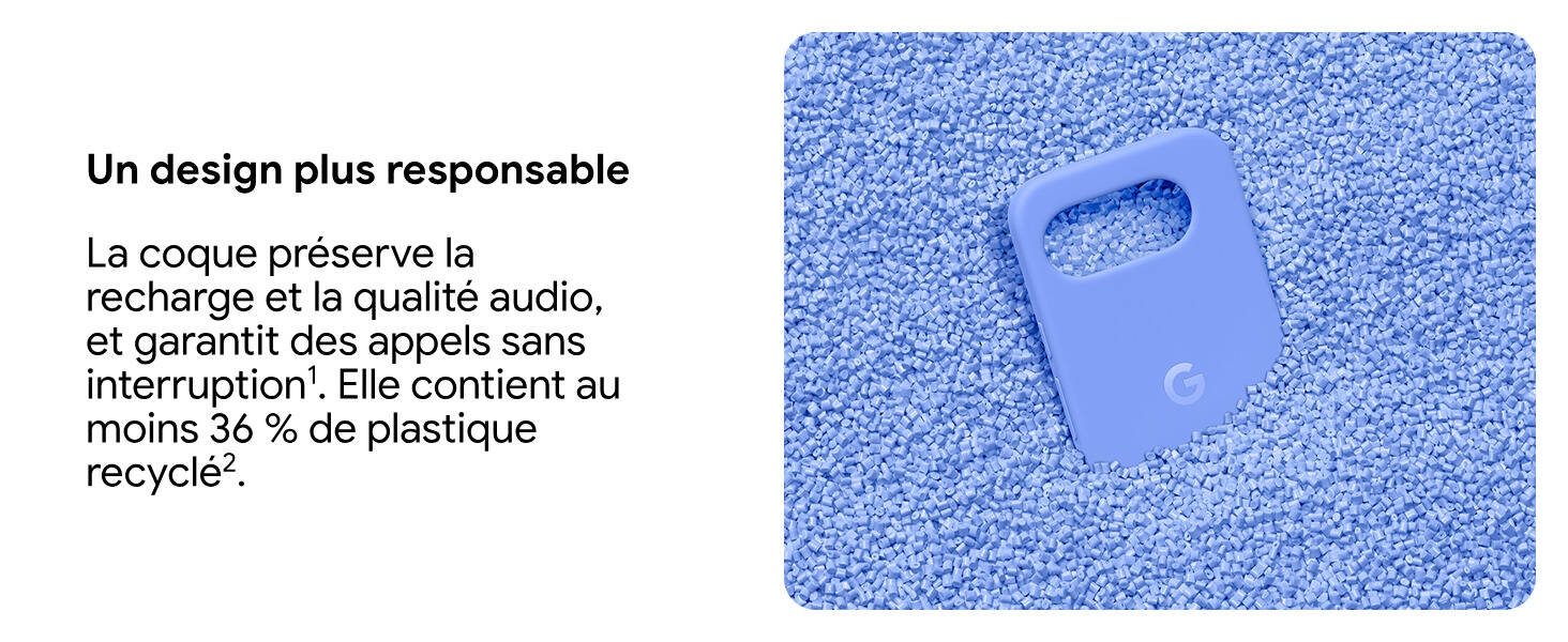 Le texte indique « Un design plus responsable » et « La coque préserve la recharge et la qualité audio, recyclable sans interruption ». Elle contient au moins 30 % de plastique. » Surface texturée bleue illustrée.