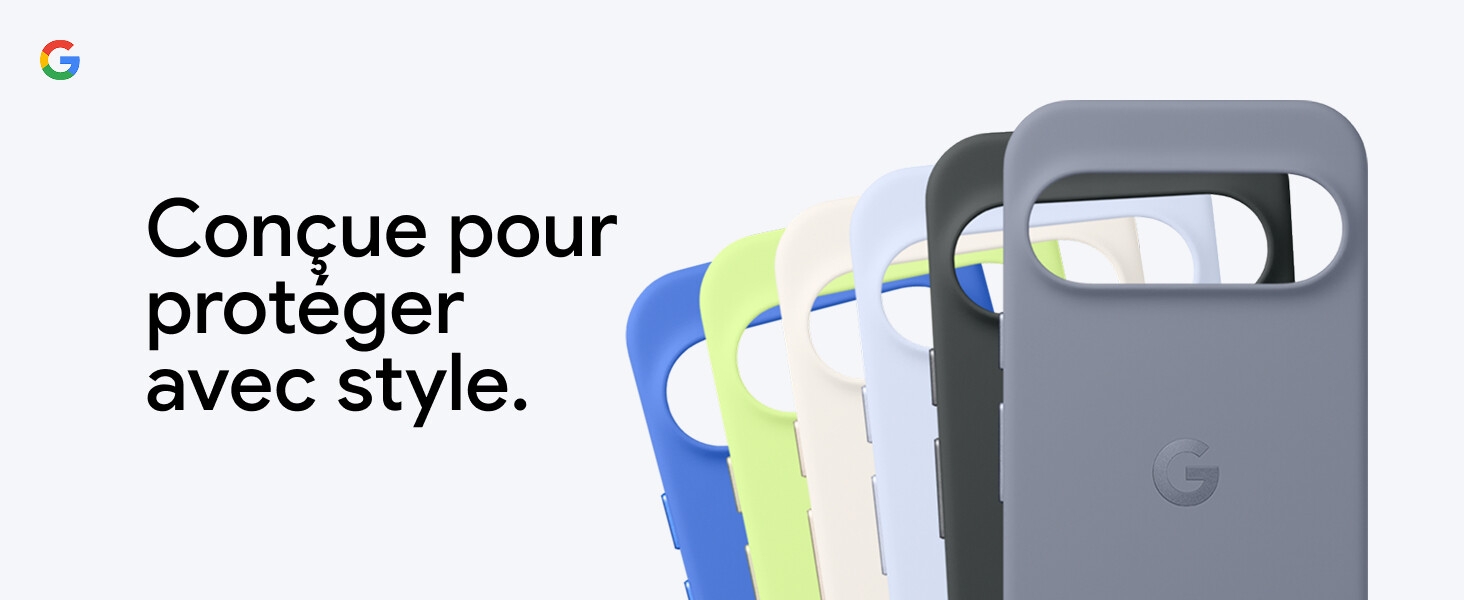 Le texte se lit comme suit : « conçue pour protéger avec style ». Image du produit montrant plusieurs étuis ou housses de protection colorés.
