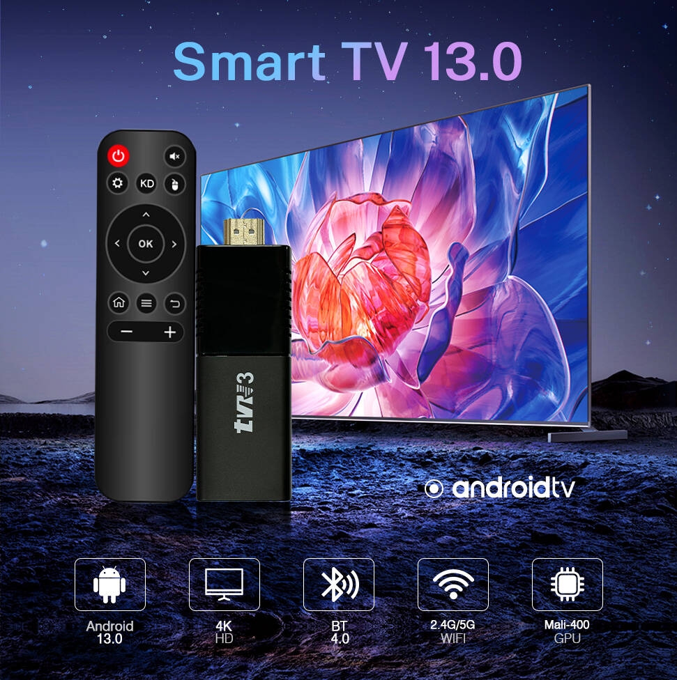 Meilleure vente TV Stick 4K Tvr3 Android 13 BT Mini PC Télécommande Quad 2.4G 5G Double Wifi 1GB RAM 8GB ROM Similaire à Fire Stick