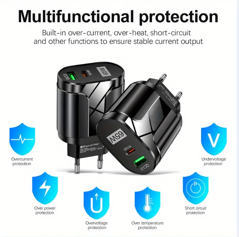 usb charger 65w fast charging mobile phone adapter for iphone samsung xiaomi wall charger compatible eu us uk plug details 6