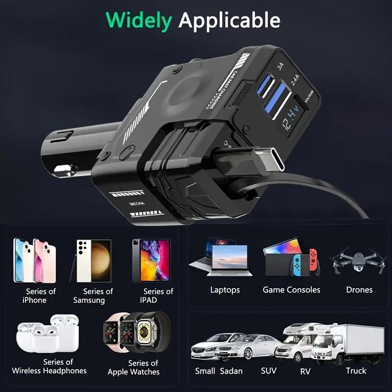 4 合 1 120w 可伸缩快速充电汽车充电器，pd 3.0 type-c 手机充电器，适用于 iphone、xiaomi、huawei、samsung 智能手机，短路保护，过热保护，过压保护，过充保护 7