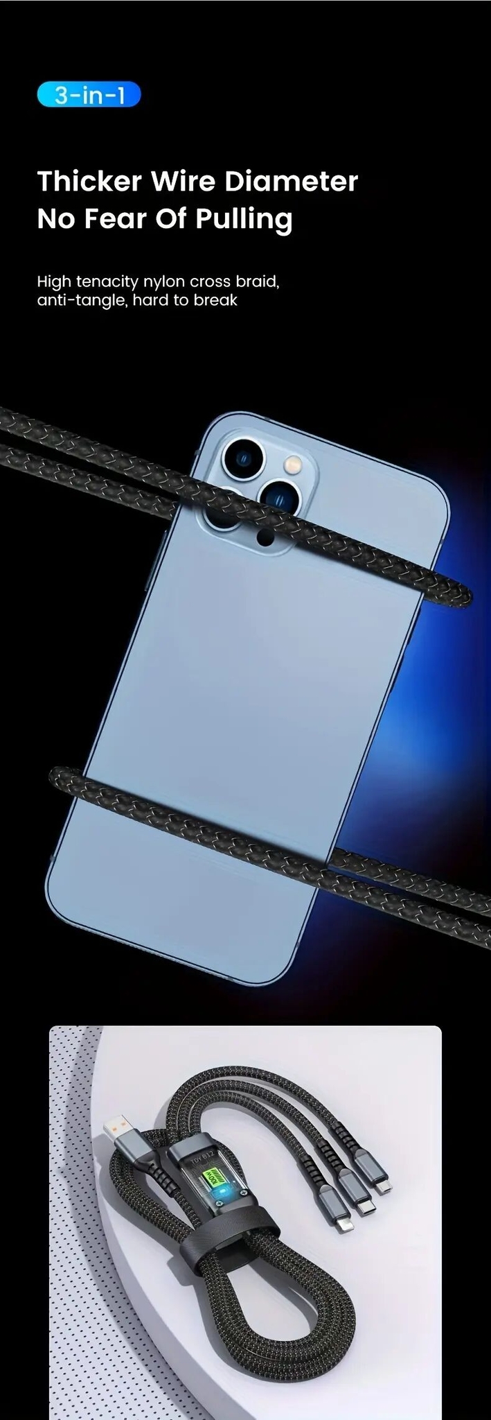 câble de charge rapide 3-en-1   100w haute vitesse, ronde en nylon universelle usb pour iphone 14/13/12/11 pro/se/x/8/7/6, samsung, xiaomi - usb-c, micro usb, câble de synchronisation et de charge  -  lightning détails 5