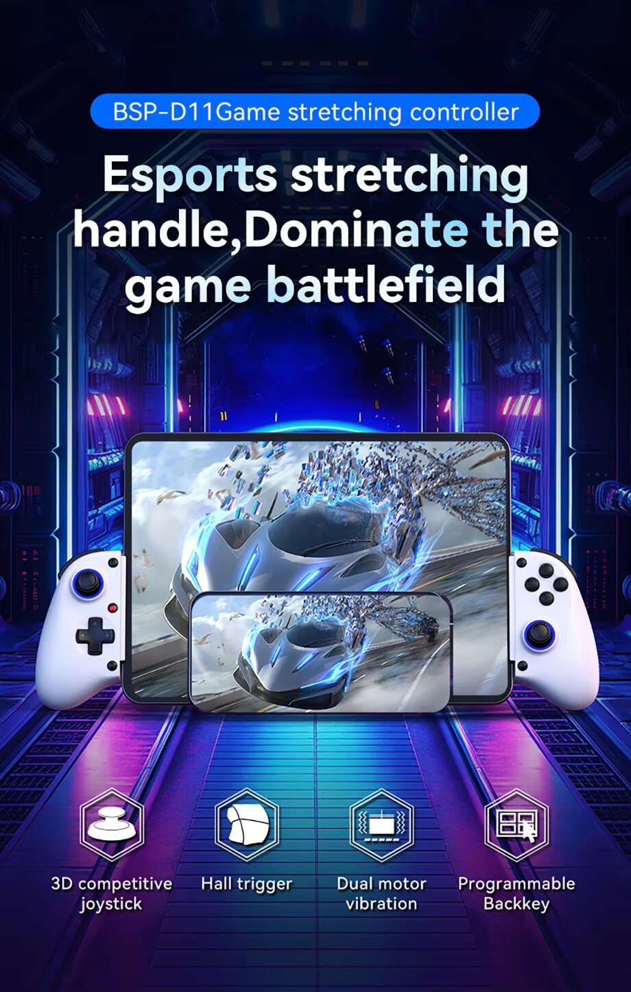 BSP-D11 Manette de jeu télescopique extensible pour téléphone mobile, avec éclairage RGB, compatible Android, IOS, P3, P4 et Switch