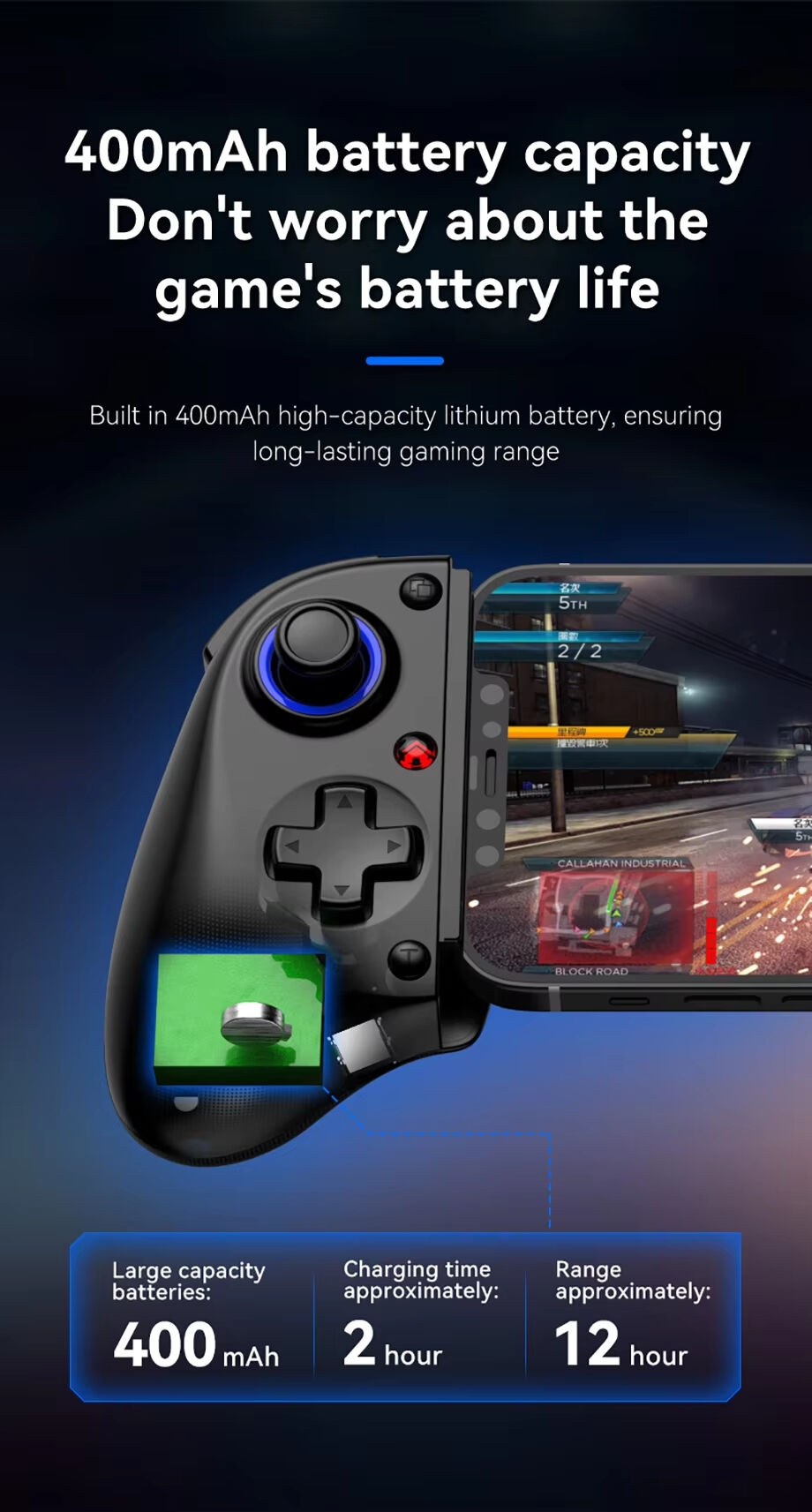 BSP-D11 Manette de jeu télescopique extensible pour téléphone mobile, avec éclairage RGB, compatible Android, IOS, P3, P4 et Switch