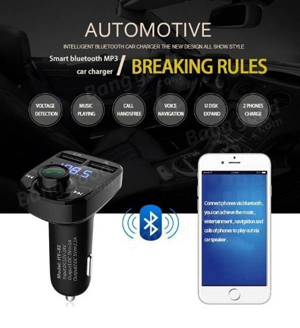 HY-82 Car Bluetooth mains libres FM launcher voiture MP3 double chargeur voiture USB
