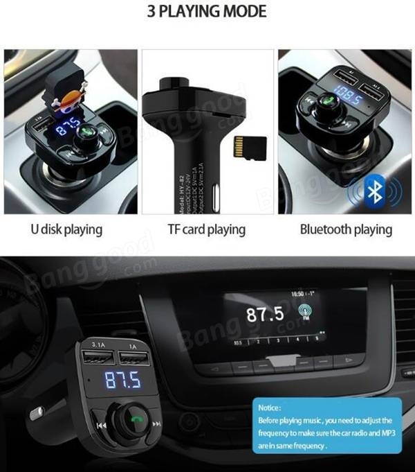 HY-82 Car Bluetooth mains libres FM launcher voiture MP3 double chargeur voiture USB