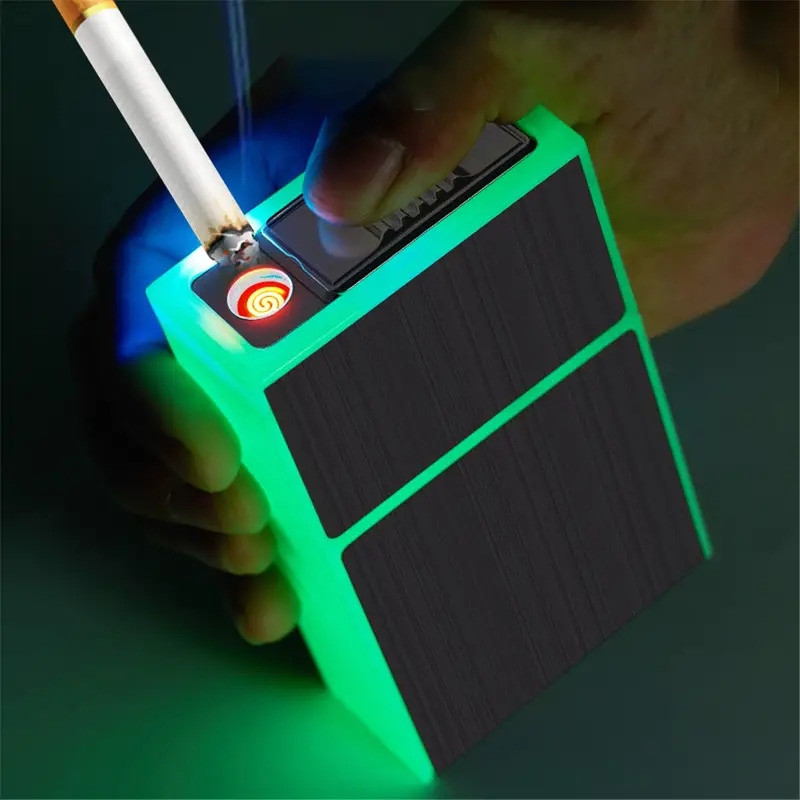 1pc creative cigarette box windproof lighter smoking metal luminous cigarette case with usb lighter 20pcs cigarettes capacity details 0