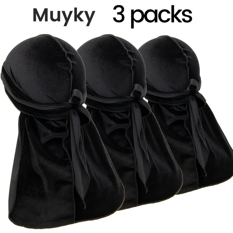 3pcs   velvet durag soft velvet durags for men women long   straps silky durag liner 3 black velvet 5