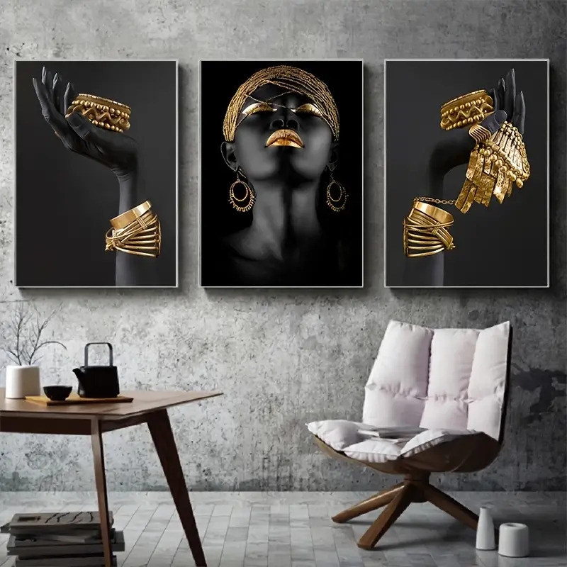 3pcs african woman wall painting art posters and prints big woman holding golden jewelry canvas picture for living room decor no frame details 3
