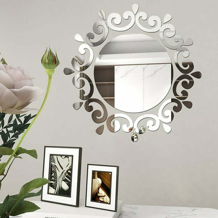 Irene Inevent 50 Pieces Mirror Wall Sticker DIY Creative Design Flower Disc Shape Ornaments Walls Decal Kitchen Home Office Hallway Bathroom