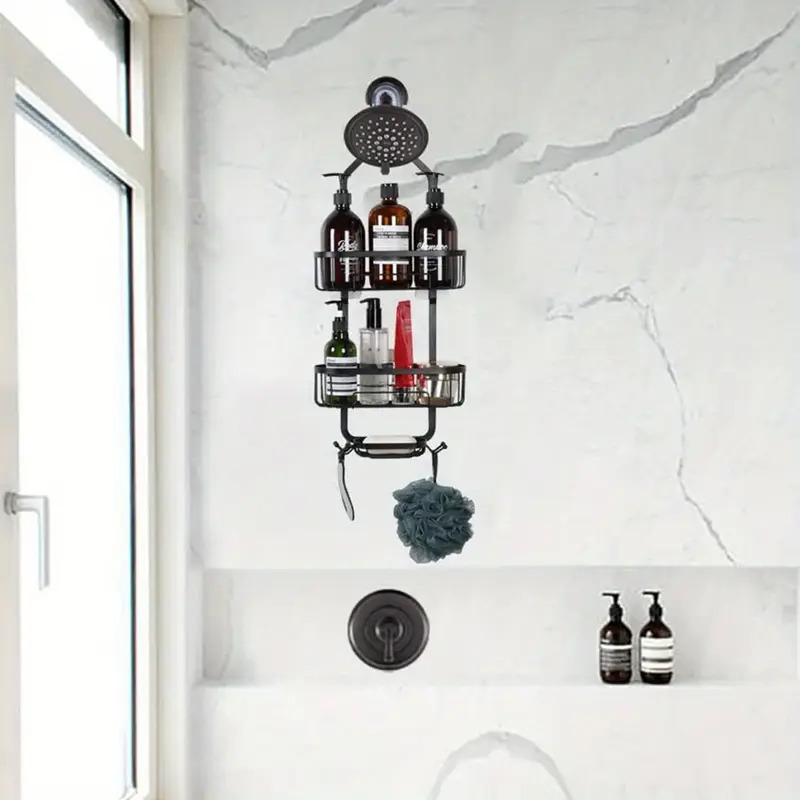 1pc   stainless steel shower caddy with hooks wall mounted bathroom storage rack for shower accessories details 0