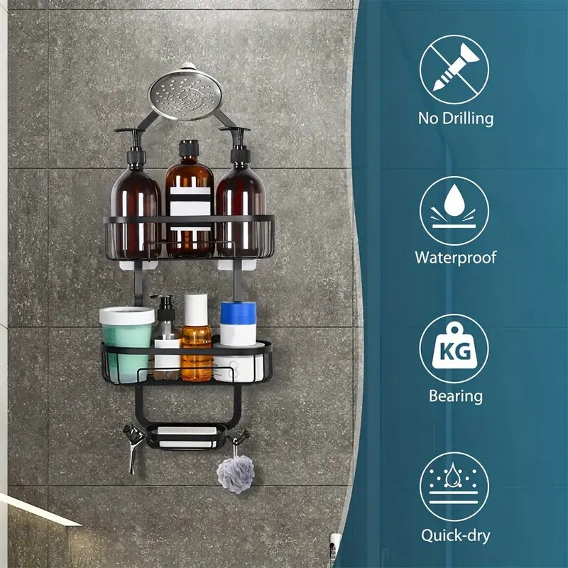 1pc   stainless steel shower caddy with hooks wall mounted bathroom storage rack for shower accessories details 1