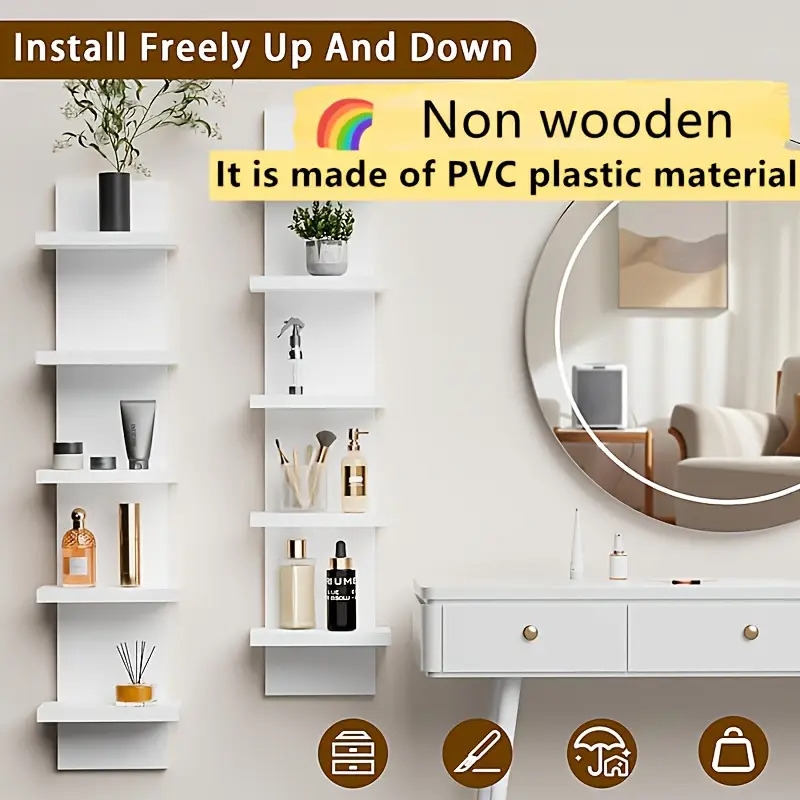 5-tier white floating wall shelf - heavy-duty vertical storage rack, easy-clean non-porous surface, space-saving modern minimalist shelf system for living room, bedroom, entryway - sturdy construction for decor, plants, books, electronics - ideal for small spaces, home organization, contemporary design, durable shelving, multitier shelf, apartment dwellers Product details 0