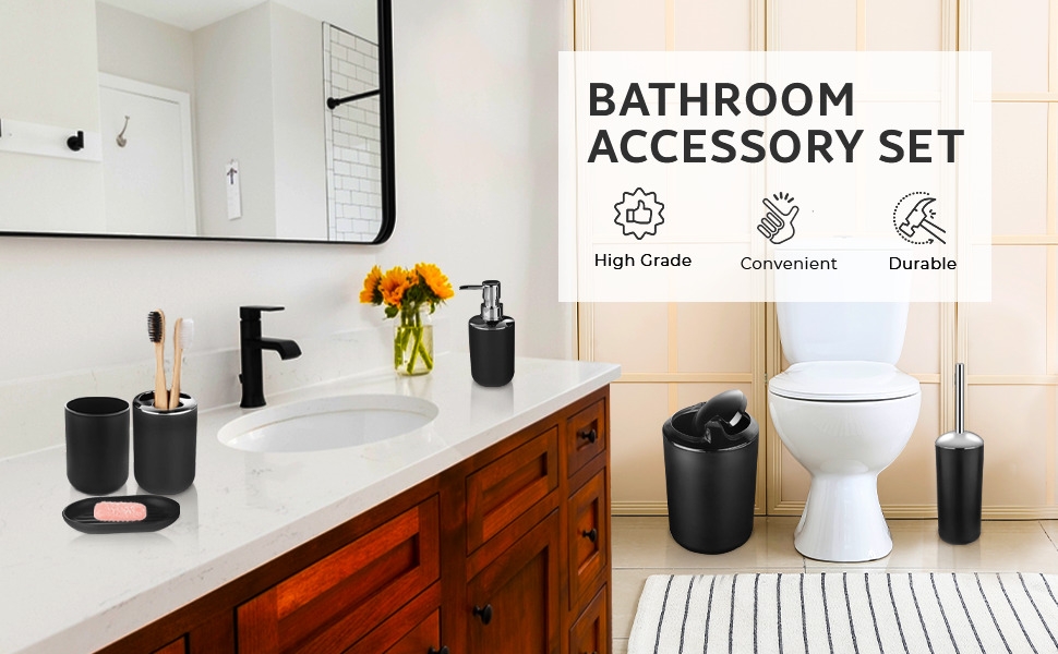 bathroom decor black, black bathroom accessory set, black modern bathroom set,