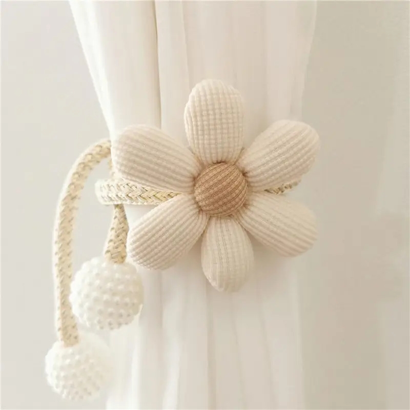2pcs elegant adjustable curtain tiebacks with cartoon flowers white   pearl accents no drill needed   bedroom living room and   rooms decor details 5