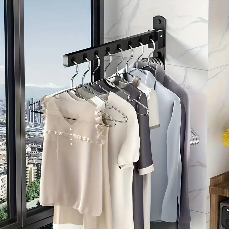 6/8孔金属衣架 | 壁挂式，可折叠节省空间 | 护垫黑色表面 | 多用途烘干和储物架，适用于洗衣房、卧室、浴室 | 适用于服装和配饰，衣架 商品详情 1