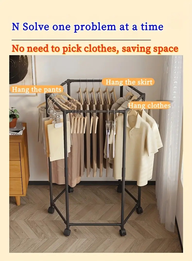 360°旋转六角衣架 - 节省空间碳钢独立式收纳架，承重15磅，现代黑白设计，适用于卧室、宿舍、洗衣房及移动晾衣架，宿舍衣物整理解决方案 商品详情 3