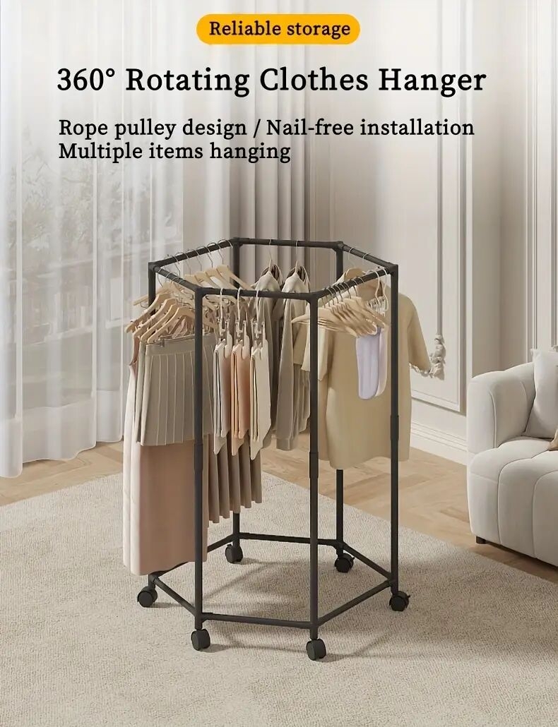 360°旋转六角衣架 - 节省空间碳钢独立式收纳架，承重15磅，现代黑白设计，适用于卧室、宿舍、洗衣房及移动晾衣架，宿舍衣物整理解决方案 商品详情 1