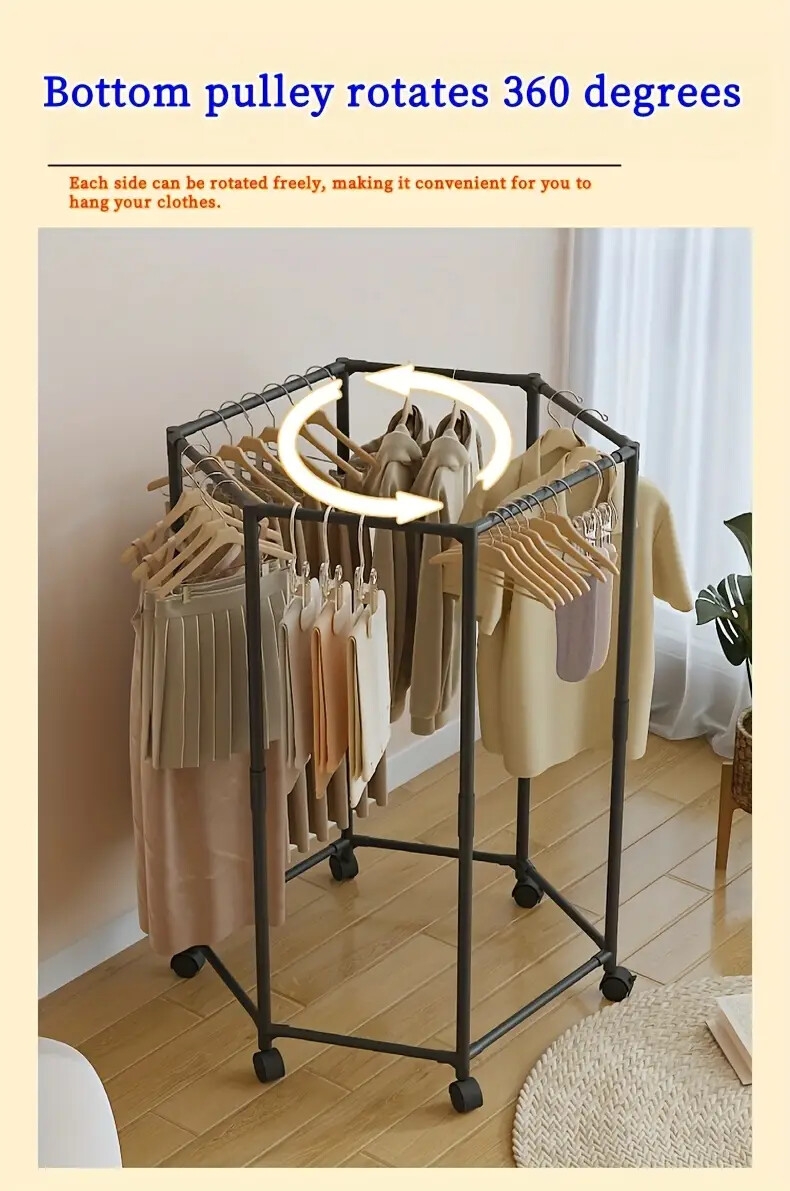 360°旋转六角衣架 - 节省空间碳钢独立式收纳架，承重15磅，现代黑白设计，适用于卧室、宿舍、洗衣房及移动晾衣架，宿舍衣物整理解决方案 商品详情 6