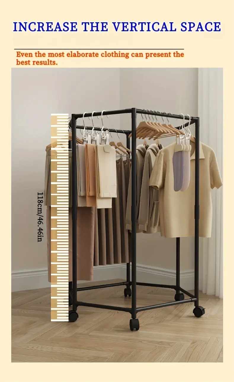 360°旋转六角衣架 - 节省空间碳钢独立式收纳架，承重15磅，现代黑白设计，适用于卧室、宿舍、洗衣房及移动晾衣架，宿舍衣物整理解决方案 商品详情 5