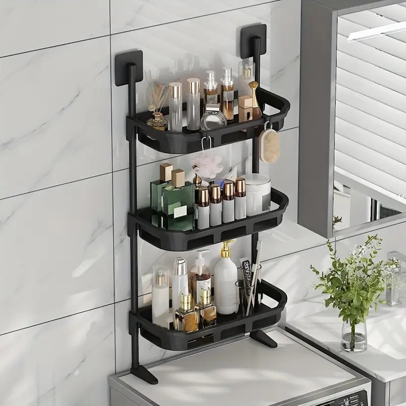 节省空间的壁挂式储物架带挂钩 - 2/3层,增厚塑料耐用,适用于卫生间和洗衣机区域,防水设计,实用架子 详情 0