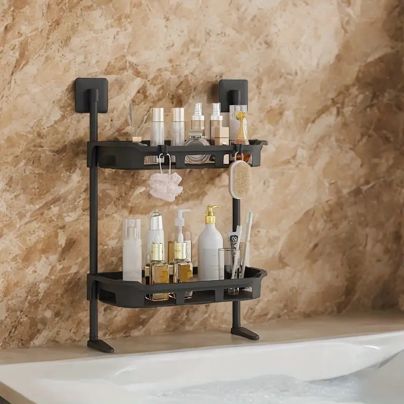 节省空间的壁挂式储物架带挂钩 - 2/3层,增厚塑料耐用,适用于卫生间和洗衣机区域,防水设计,实用架子 详情 2
