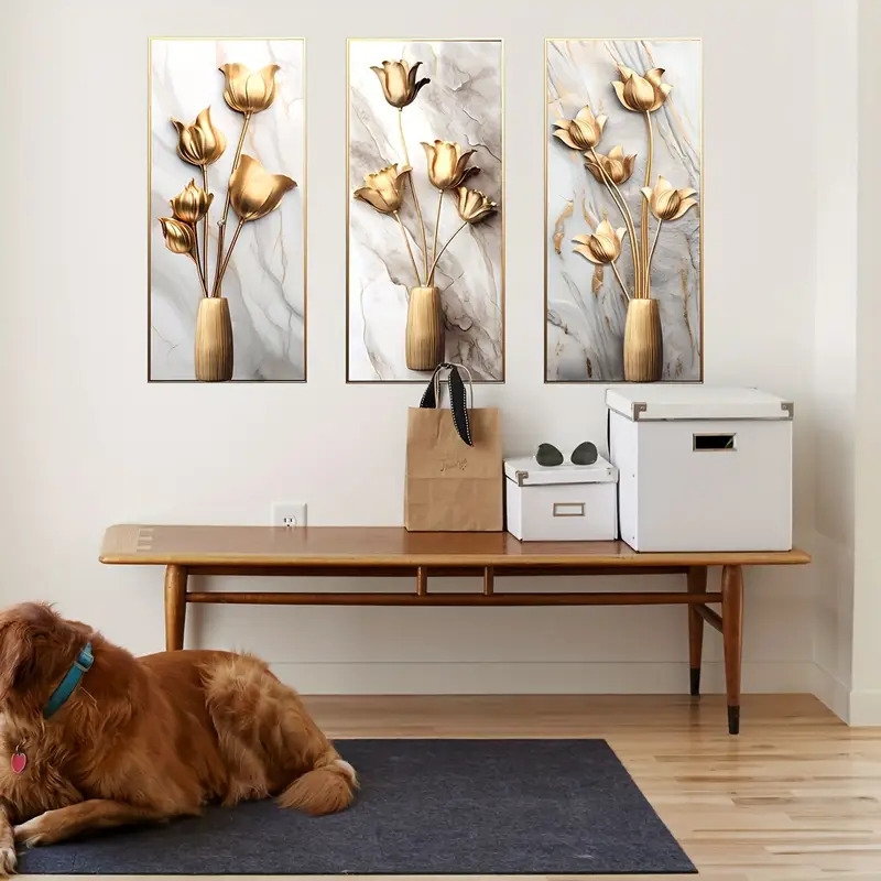 contemporary 3d golden wall stickers with vase 3 piece set pvc self decor for living room entryway single use irregular shape details 3