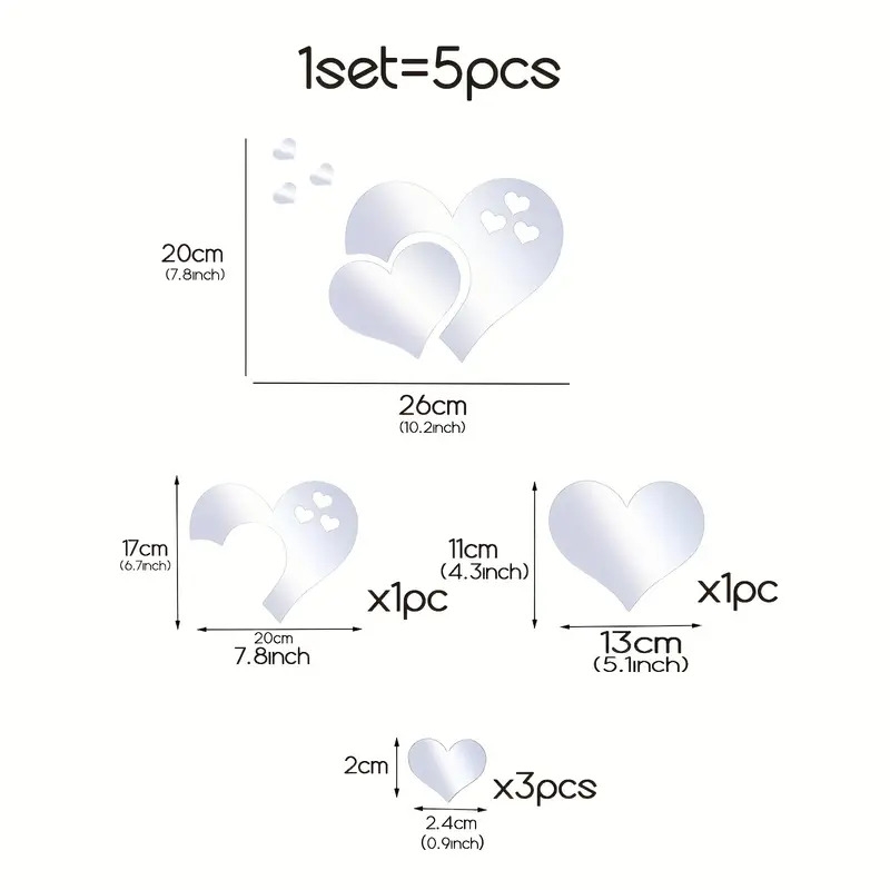 5pcs mirror sticker acrylic shatterproof mirror heart wall stickers decor for bedroom living room dining room kitchen school 10 2 7 8inch details 2