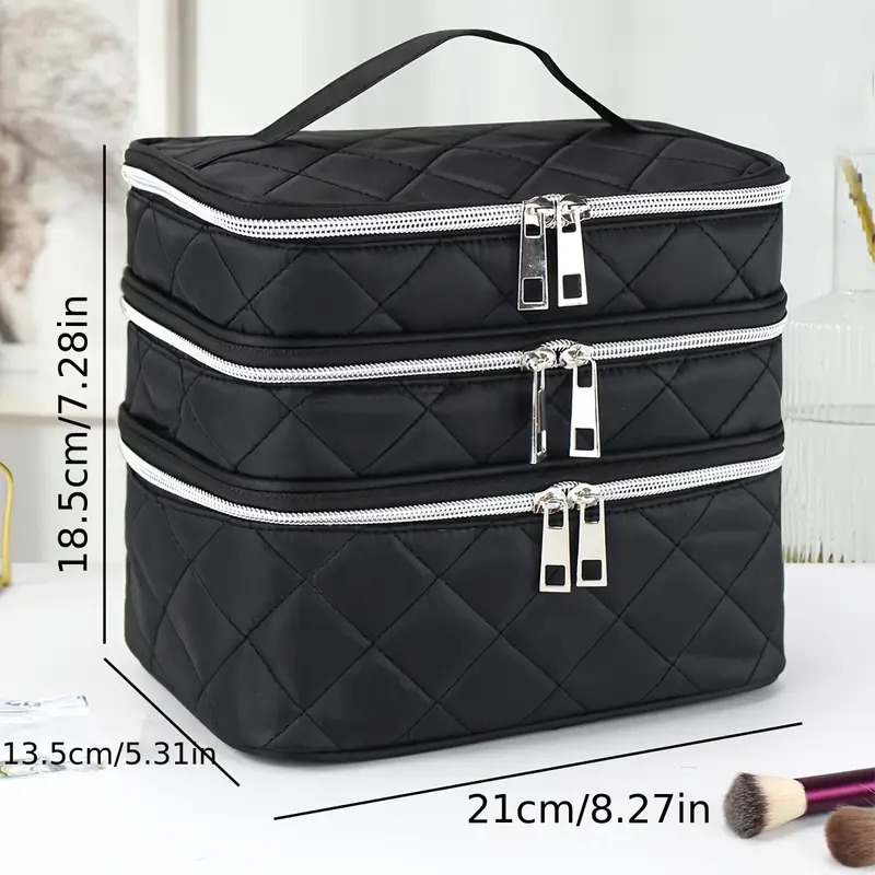 large capacity black rhombus travel organizer handbag 3 tier double layer portable makeup case with   zippers white piping trim durable multi compartment storage for   for brushes lipstick electronics Product details 3