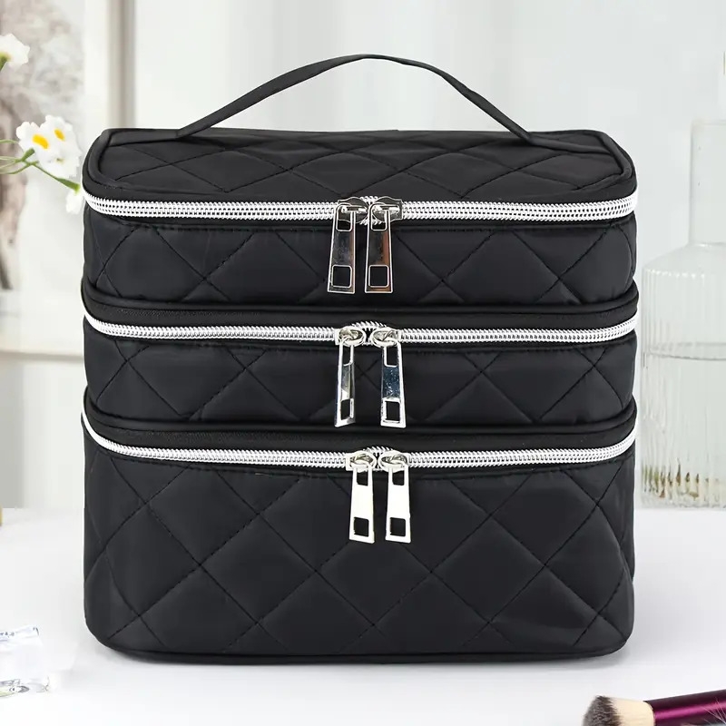 large capacity black rhombus travel organizer handbag 3 tier double layer portable makeup case with   zippers white piping trim durable multi compartment storage for   for brushes lipstick electronics Product details 1