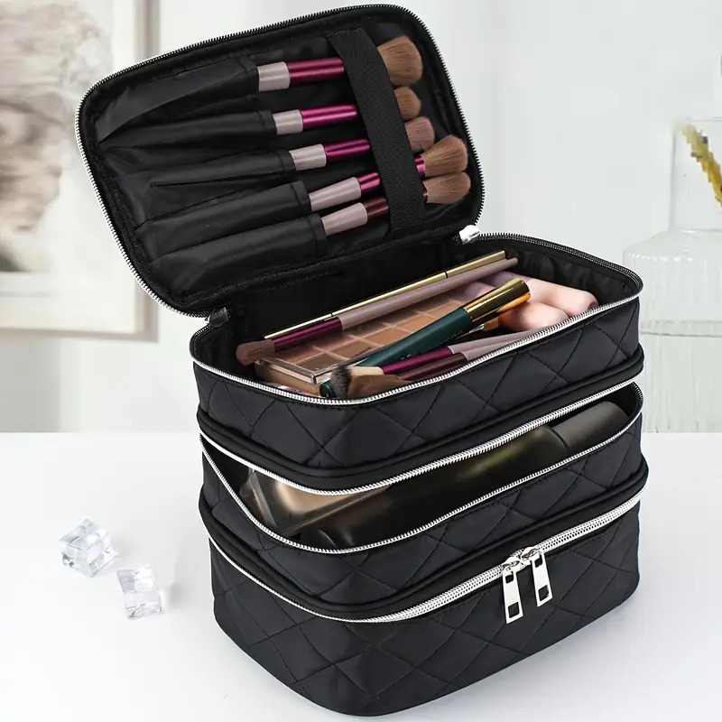 large capacity black rhombus travel organizer handbag 3 tier double layer portable makeup case with   zippers white piping trim durable multi compartment storage for   for brushes lipstick electronics Product details 0