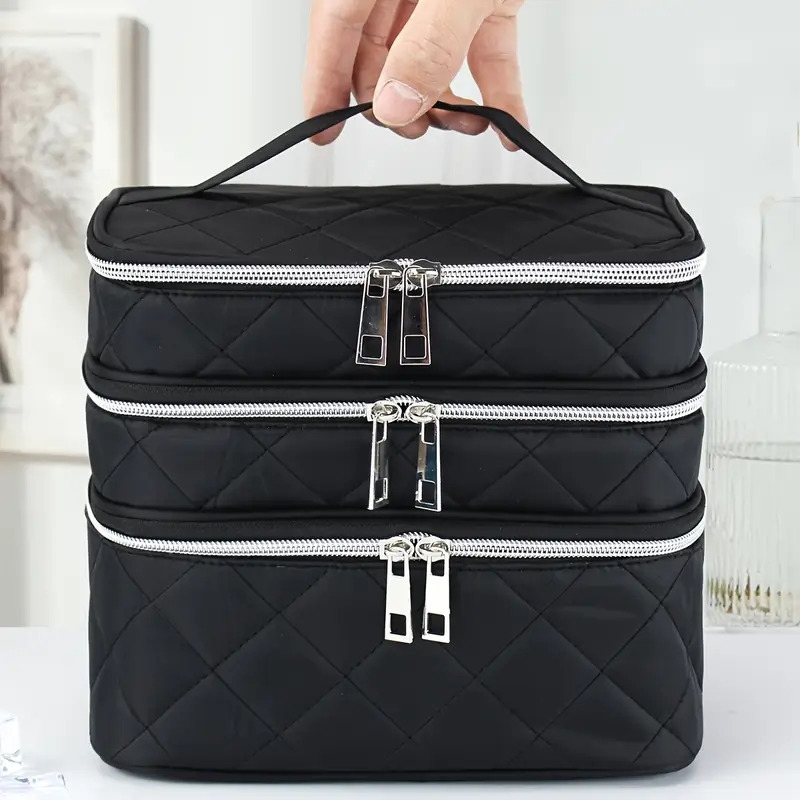 large capacity black rhombus travel organizer handbag 3 tier double layer portable makeup case with   zippers white piping trim durable multi compartment storage for   for brushes lipstick electronics Product details 5